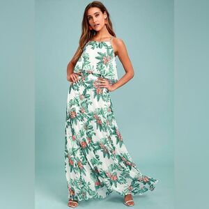 Lulu’s Evadne White and Teal Tropical Print Two-Piece Maxi Dress NWT Size XS